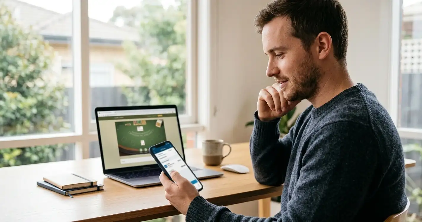 Australian player checking PayID casino withdrawal on smartphone with laptop in background