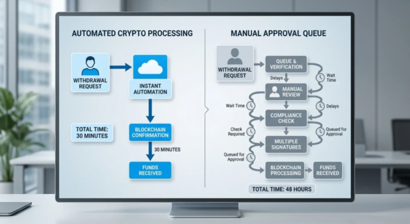 Flowchart comparing automated crypto processing versus manual approval queue with batch windows