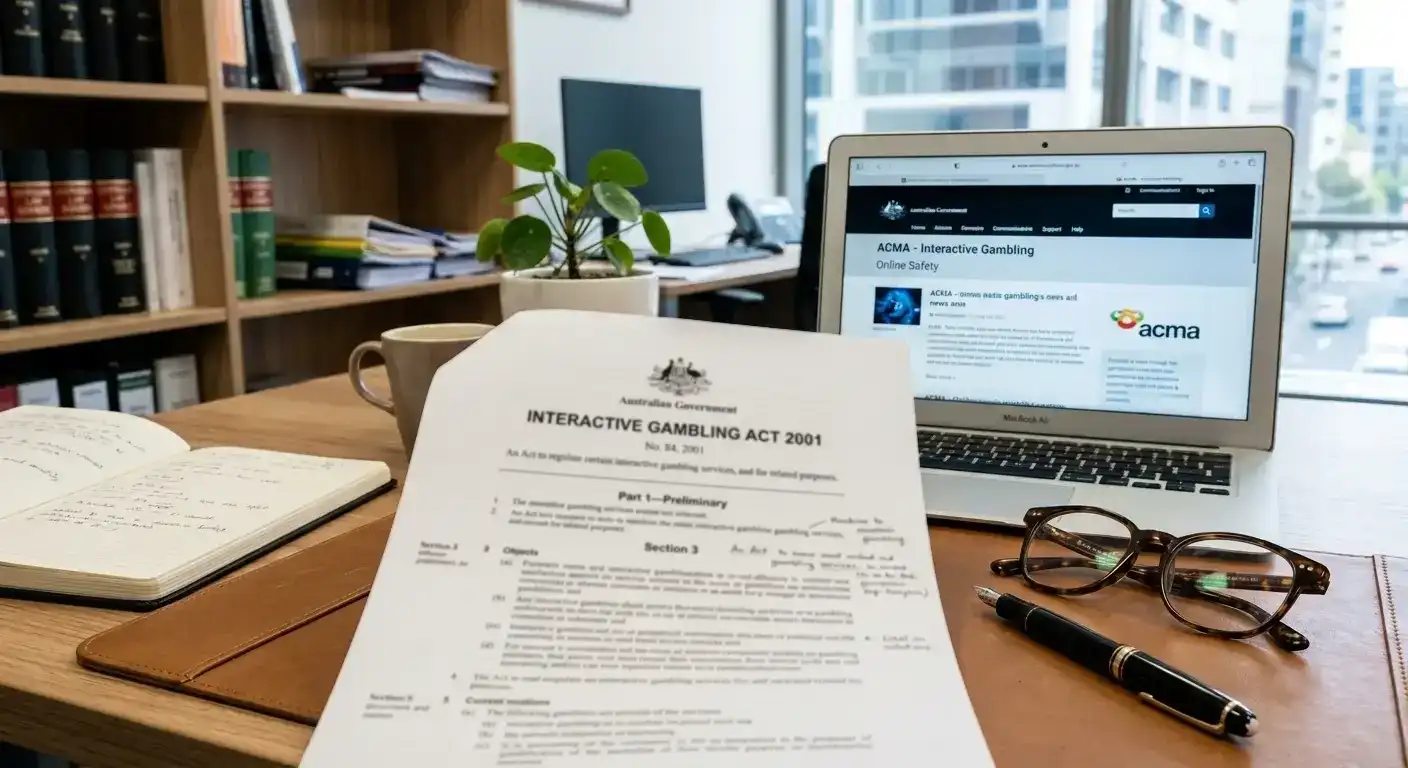 Reading glasses beside a legal binder open at the online-gambling statute alongside a laptop showing an official website