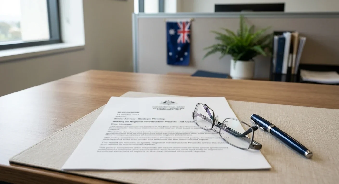 Official document on desk with reading glasses and pen, Australian flag detail in background