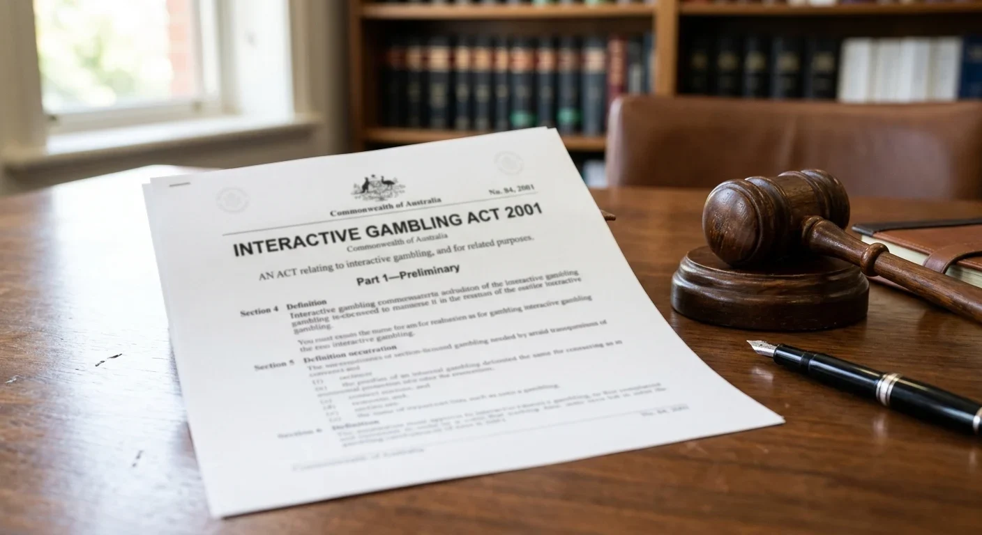 Legal document showing Interactive Gambling Act 2001 header with gavel on desk
