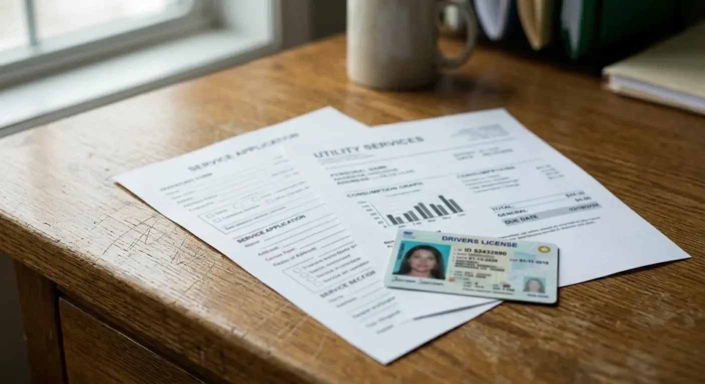 Australian driver-licence facsimile beside a utility bill and a printed source-of-funds declaration form arranged on a desk