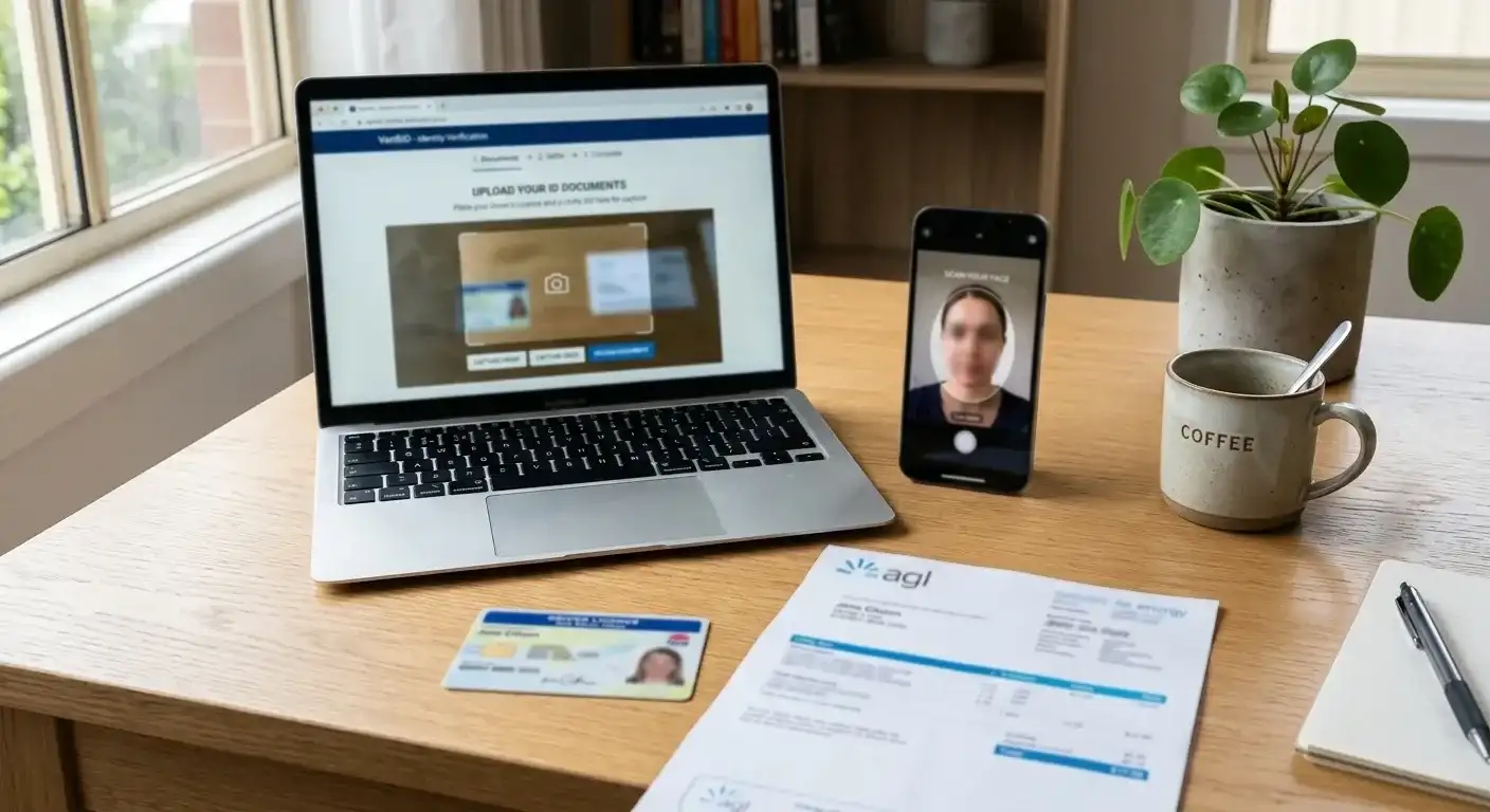 Australian driver's license and utility bill on desk next to laptop showing KYC upload interface