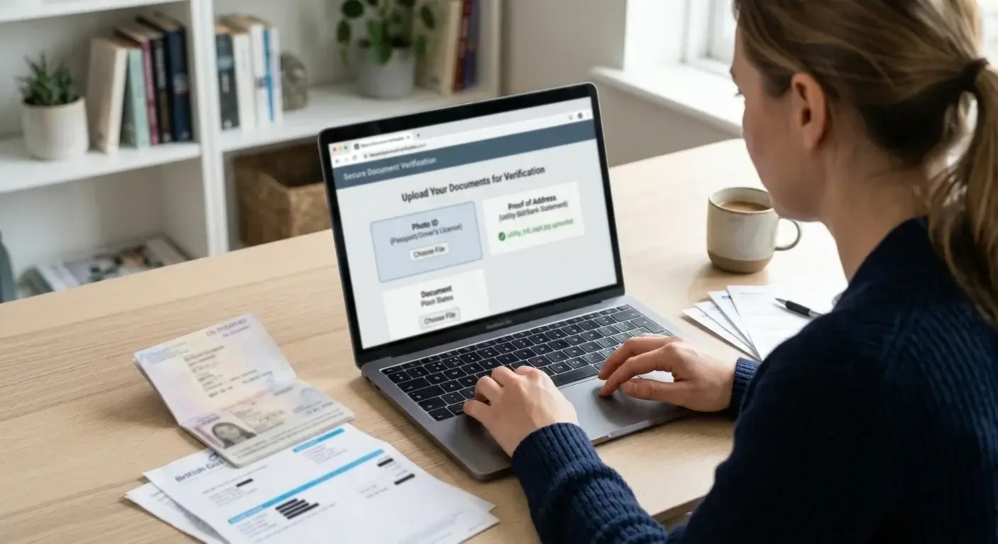 Person uploading ID documents and proof of address to casino verification portal before first deposit