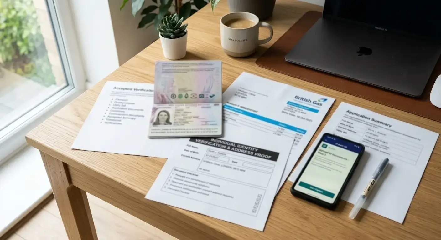 Documents spread on desk showing KYC verification requirements: ID, proof of address, payment method confirmation