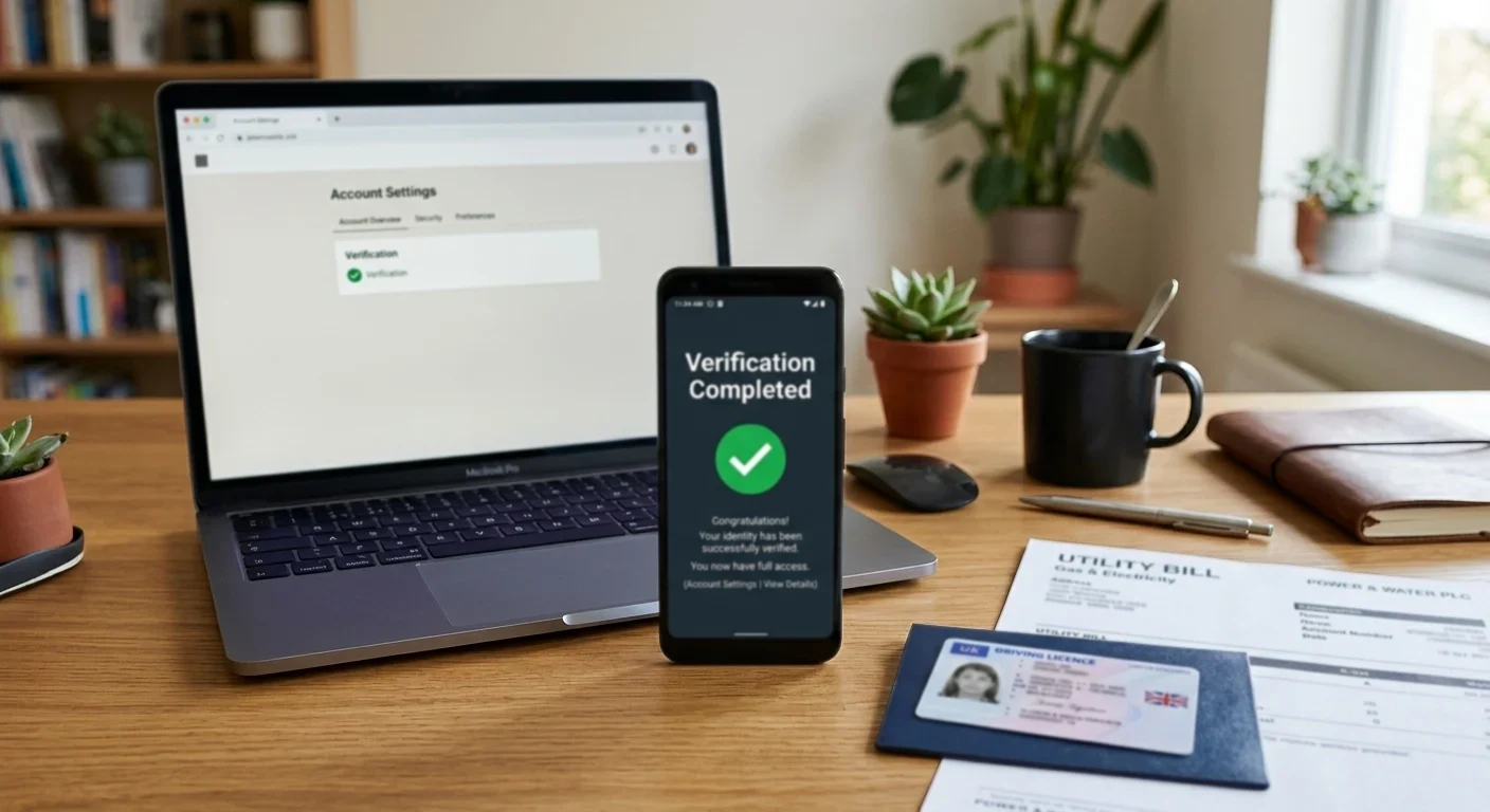 Tidy desk with identity documents and laptop showing KYC verification completed screen