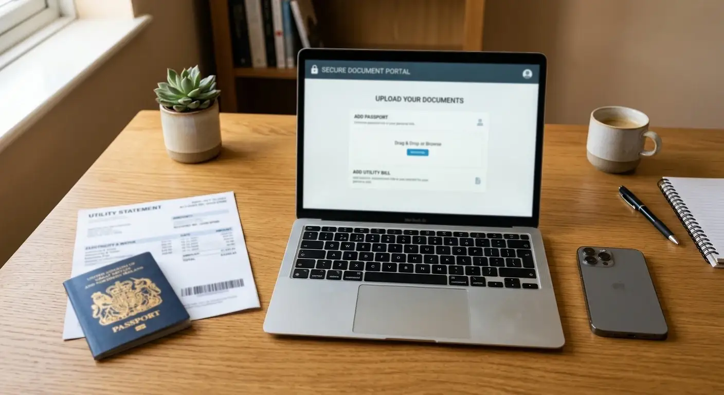 Person reviewing identity documents with laptop showing casino KYC verification interface