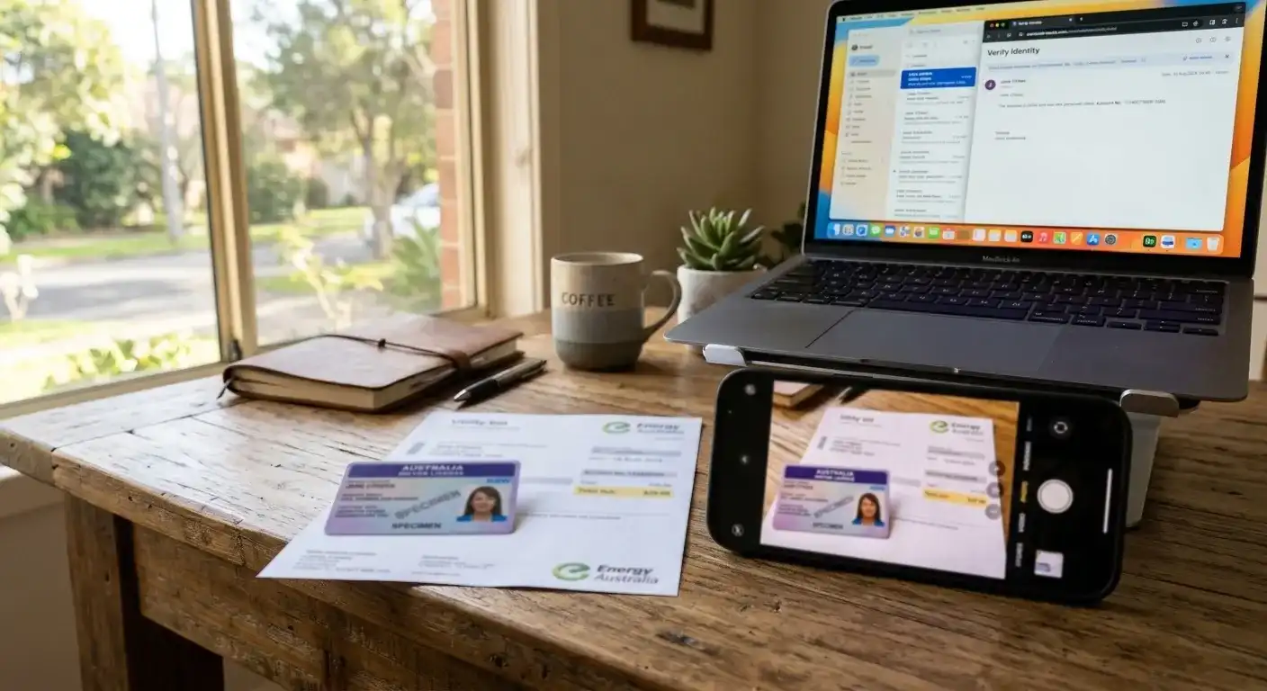 Australian driver's licence and utility bill on desk with smartphone camera ready to photograph documents