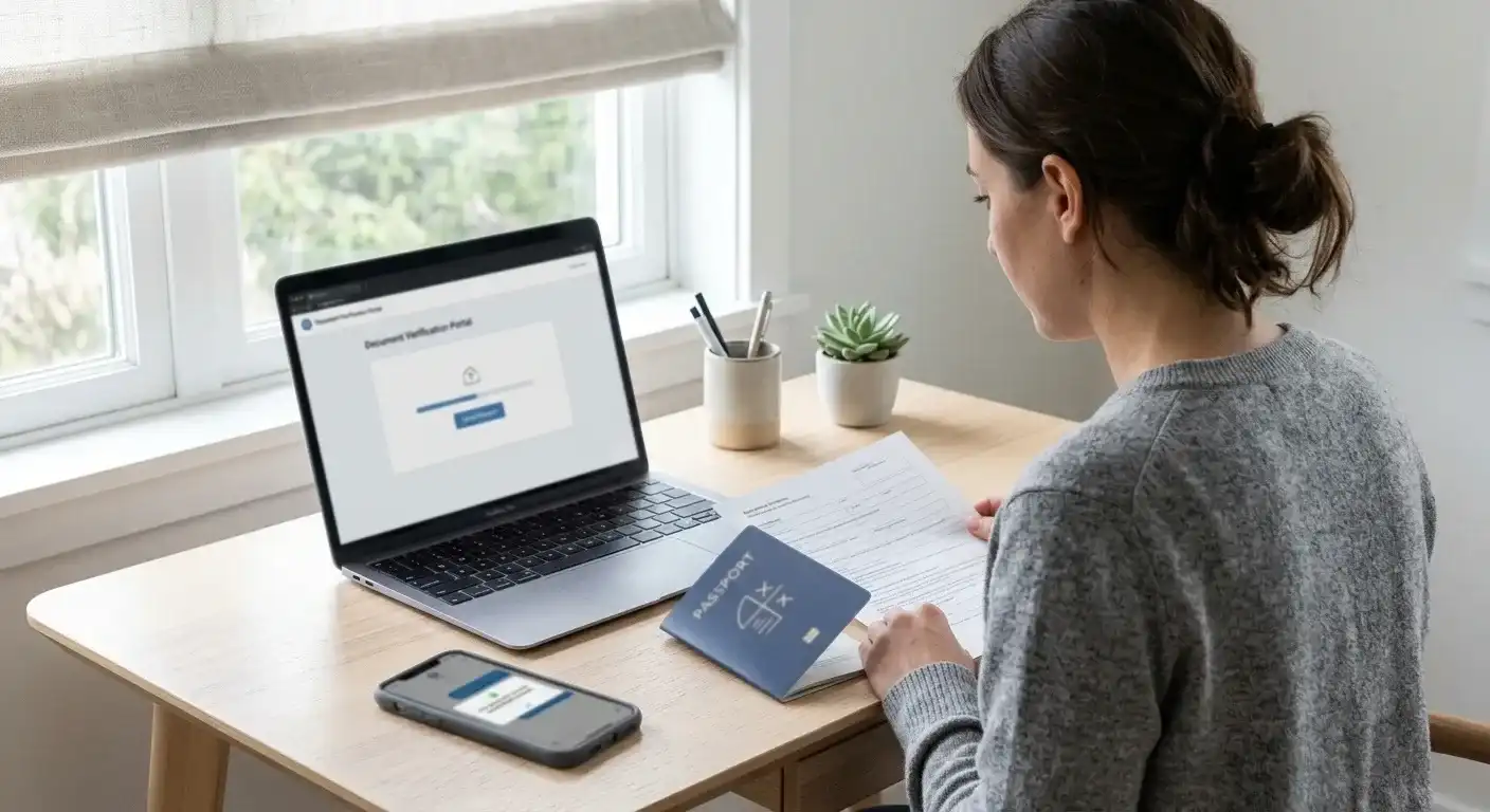 Person at desk reviewing identity verification documents with passport and laptop showing upload interface