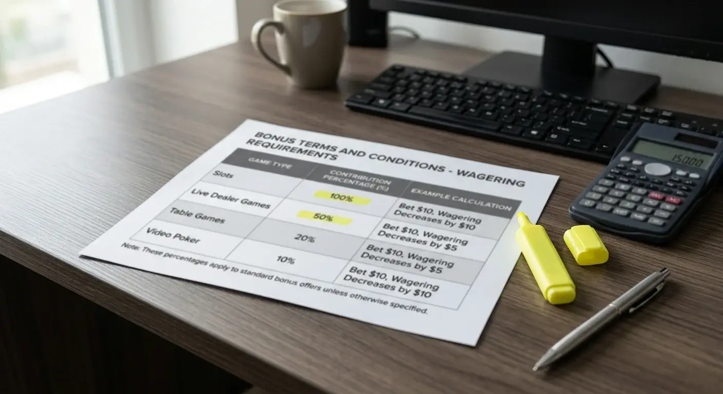 Casino bonus terms document showing wagering requirements and game contribution rates breakdown