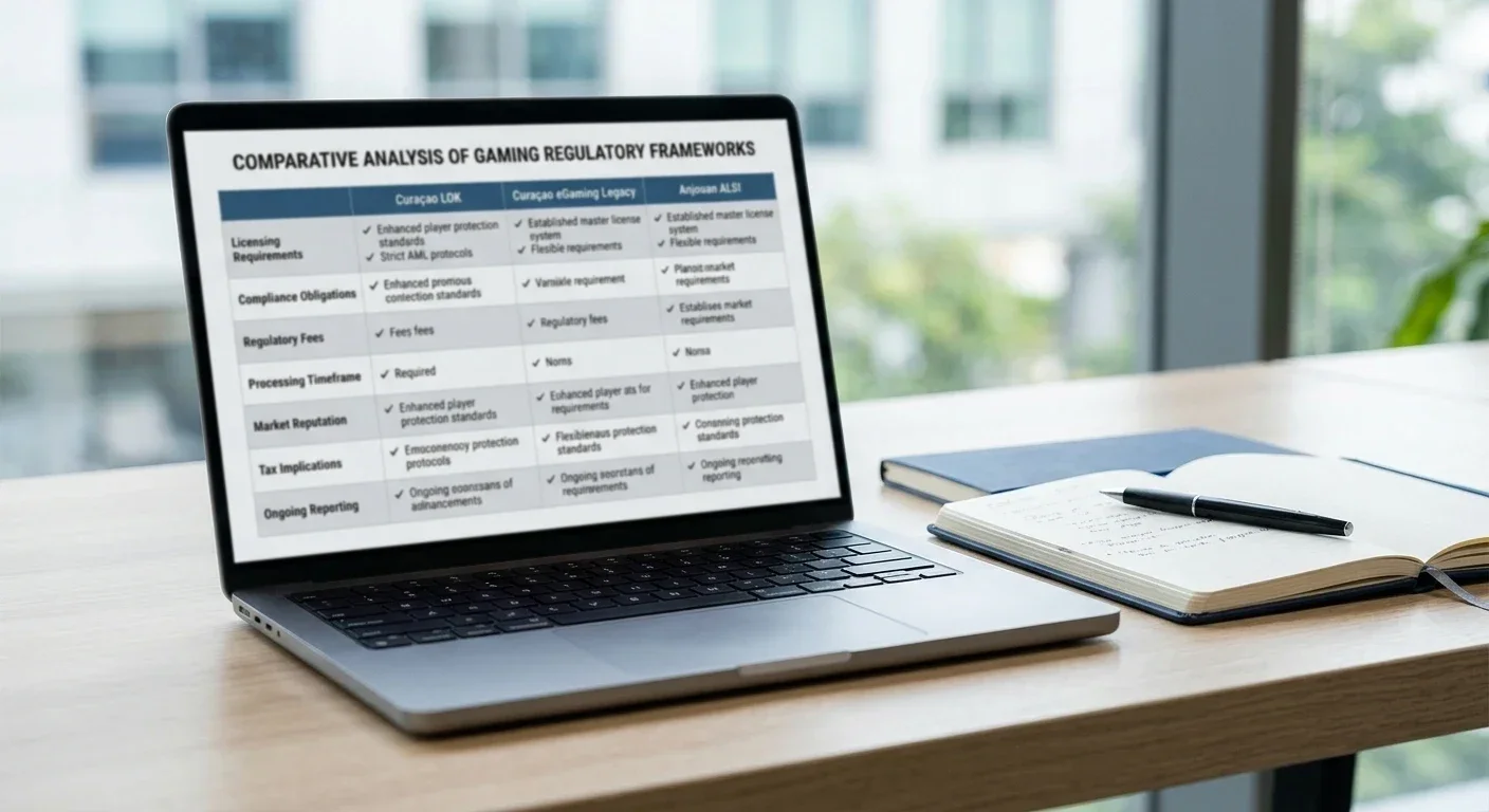 Comparison document showing Curaçao and Anjouan offshore casino licenses on laptop screen