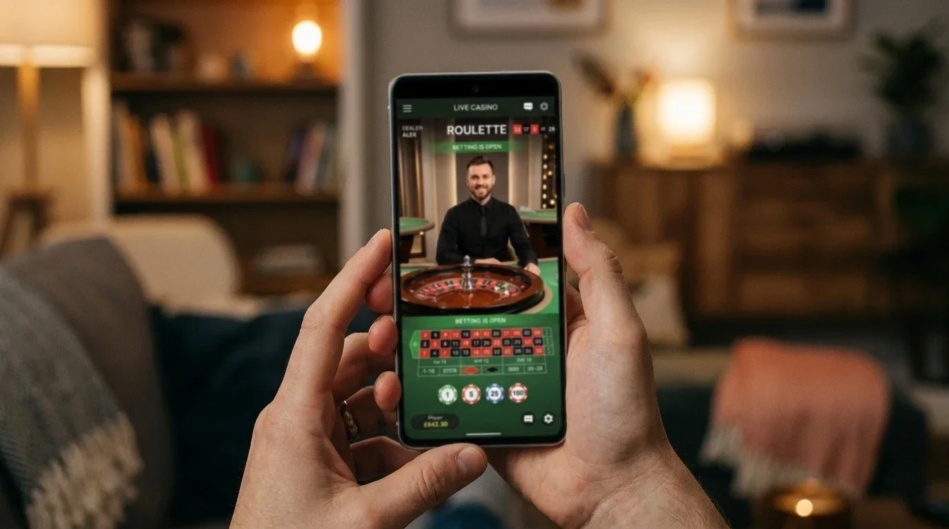 Mobile phone displaying live dealer Evolution Gaming roulette table at offshore Litecoin casino