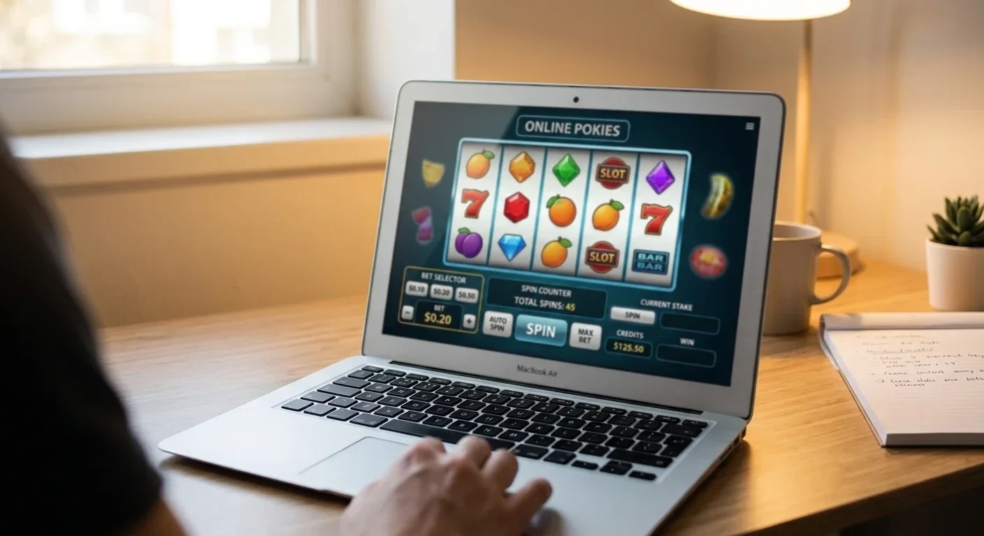 Low-stakes online pokies game interface showing minimum bet options and spin counter