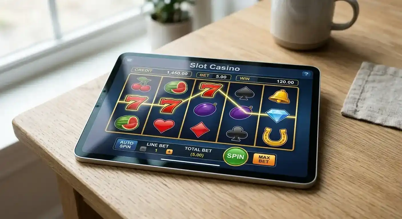 Tablet screen displaying a neutral slot game interface with generic reels and colourful symbols