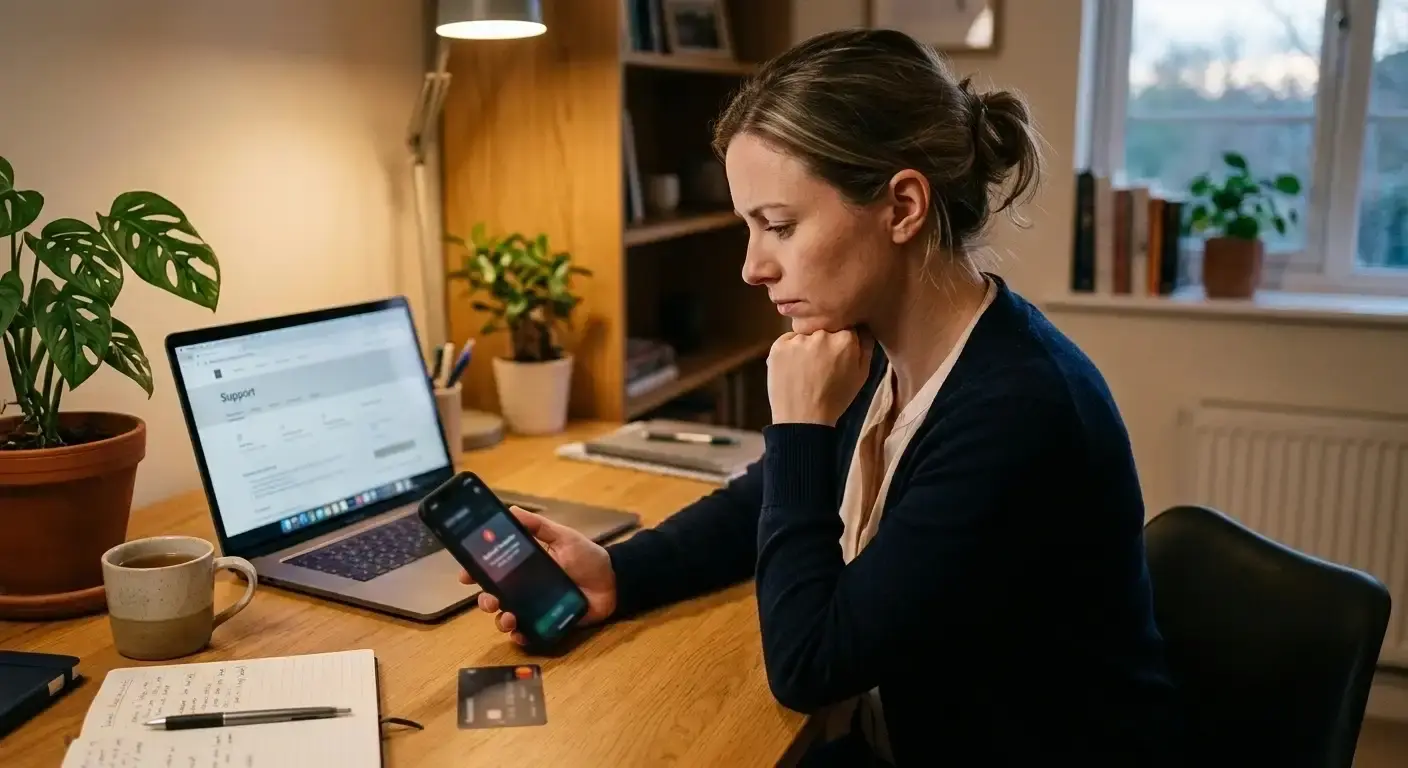 Person checking banking app showing declined transaction with error message
