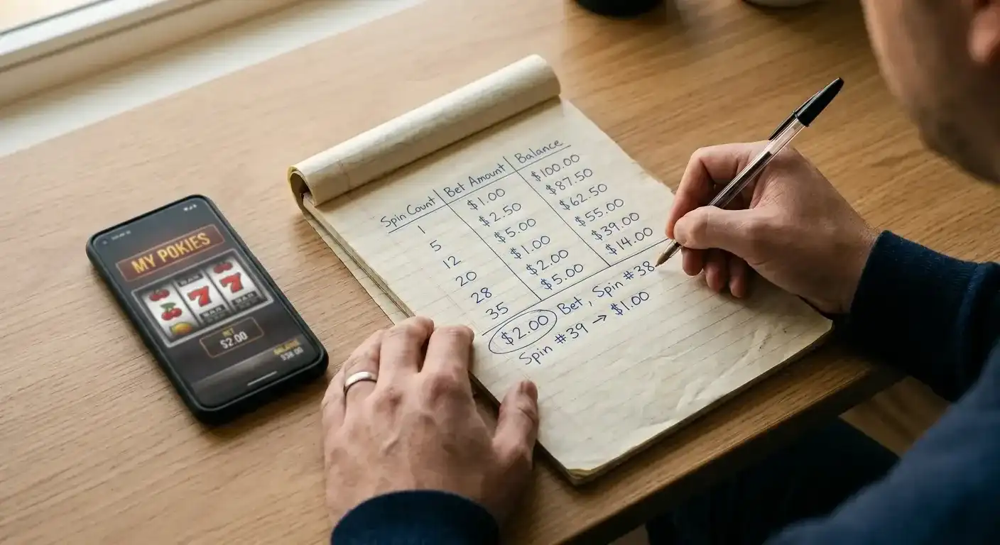Person reviewing a handwritten calculation showing spins per dollar at different bet levels