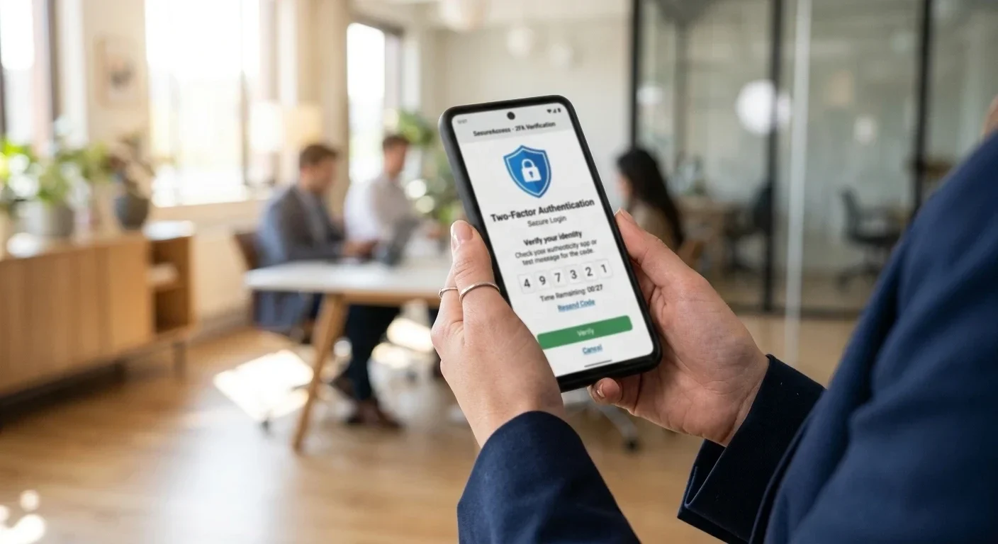 Smartphone screen displaying two-factor authentication security verification with shield icon