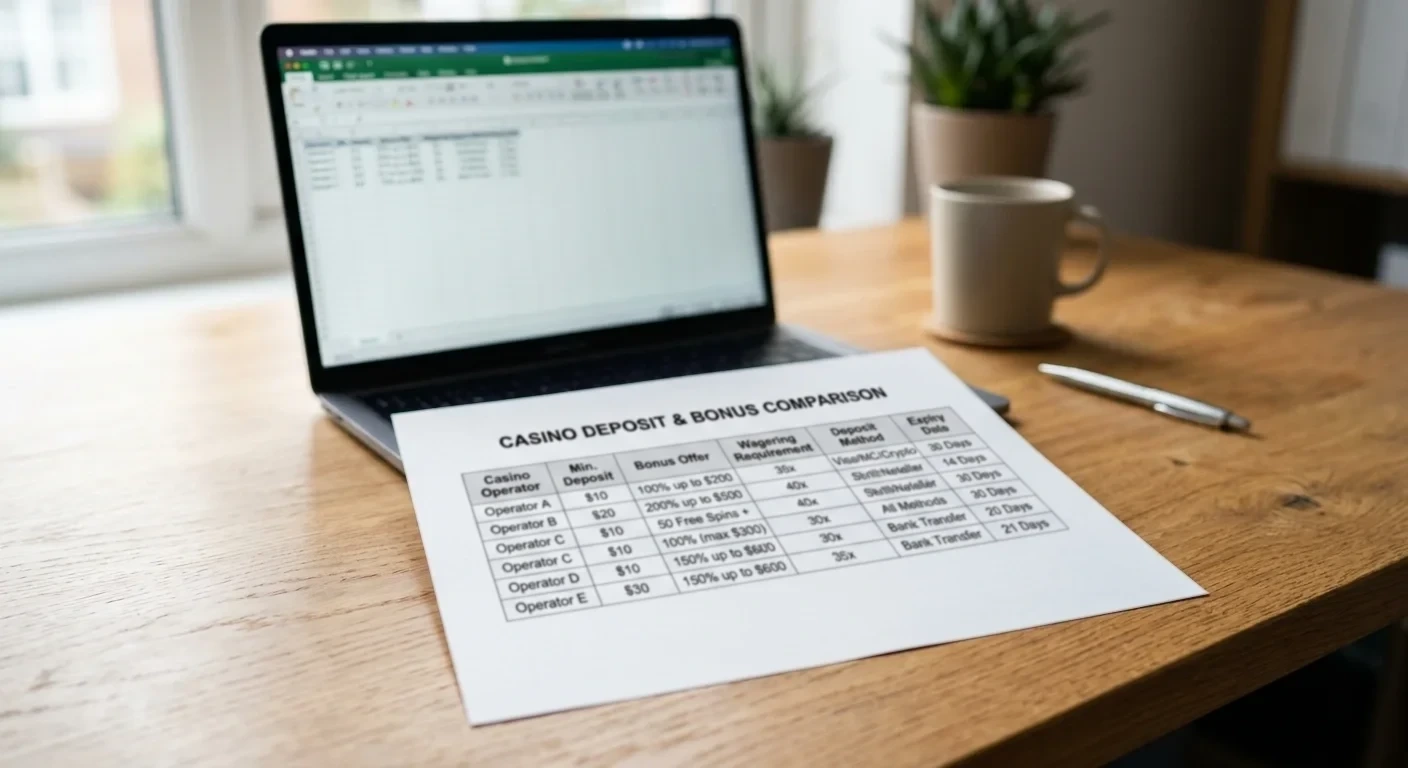 Comparison table document showing casino deposit requirements and bonus thresholds