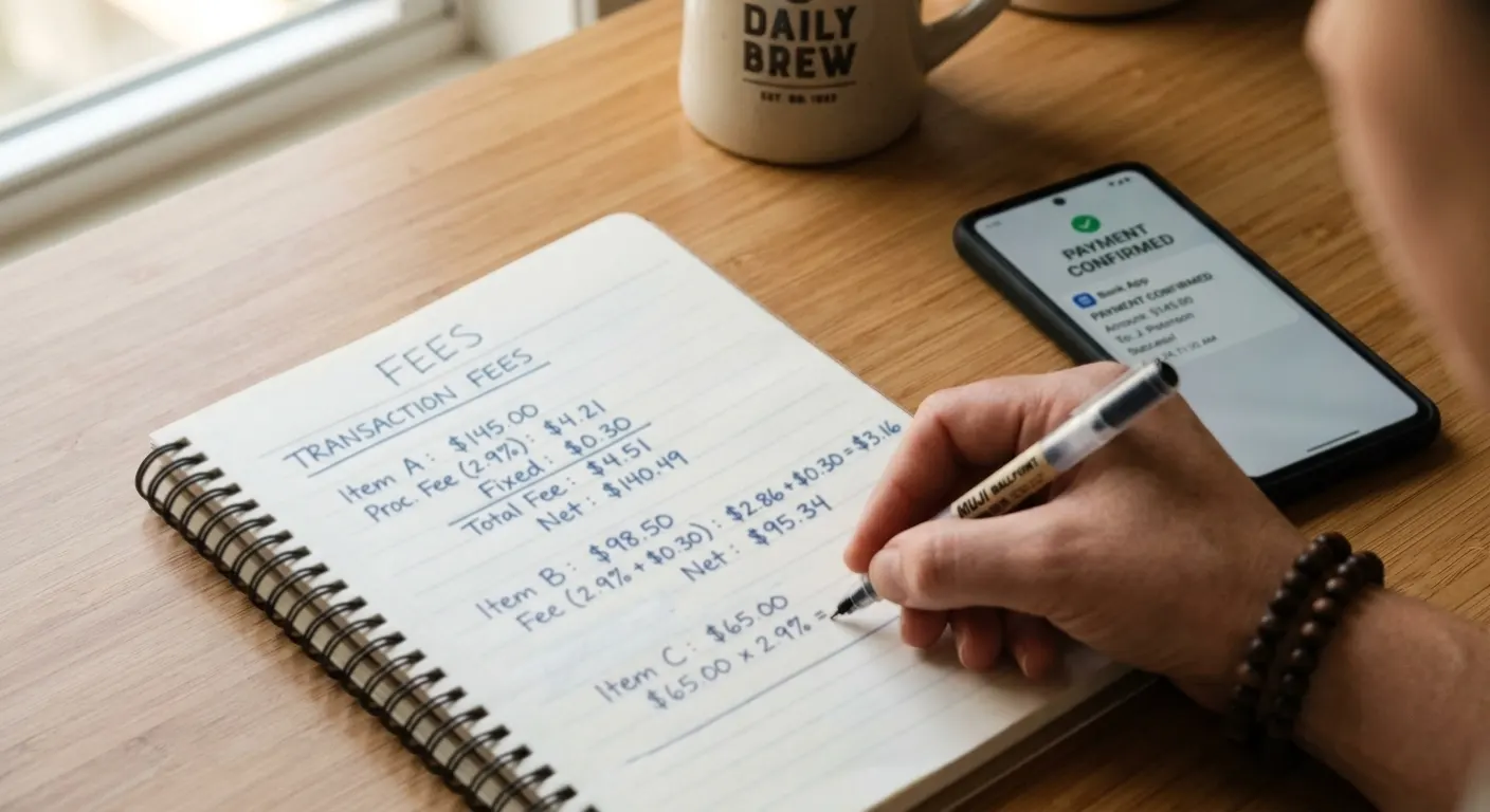 Calculator and mobile phone showing transaction fees breakdown