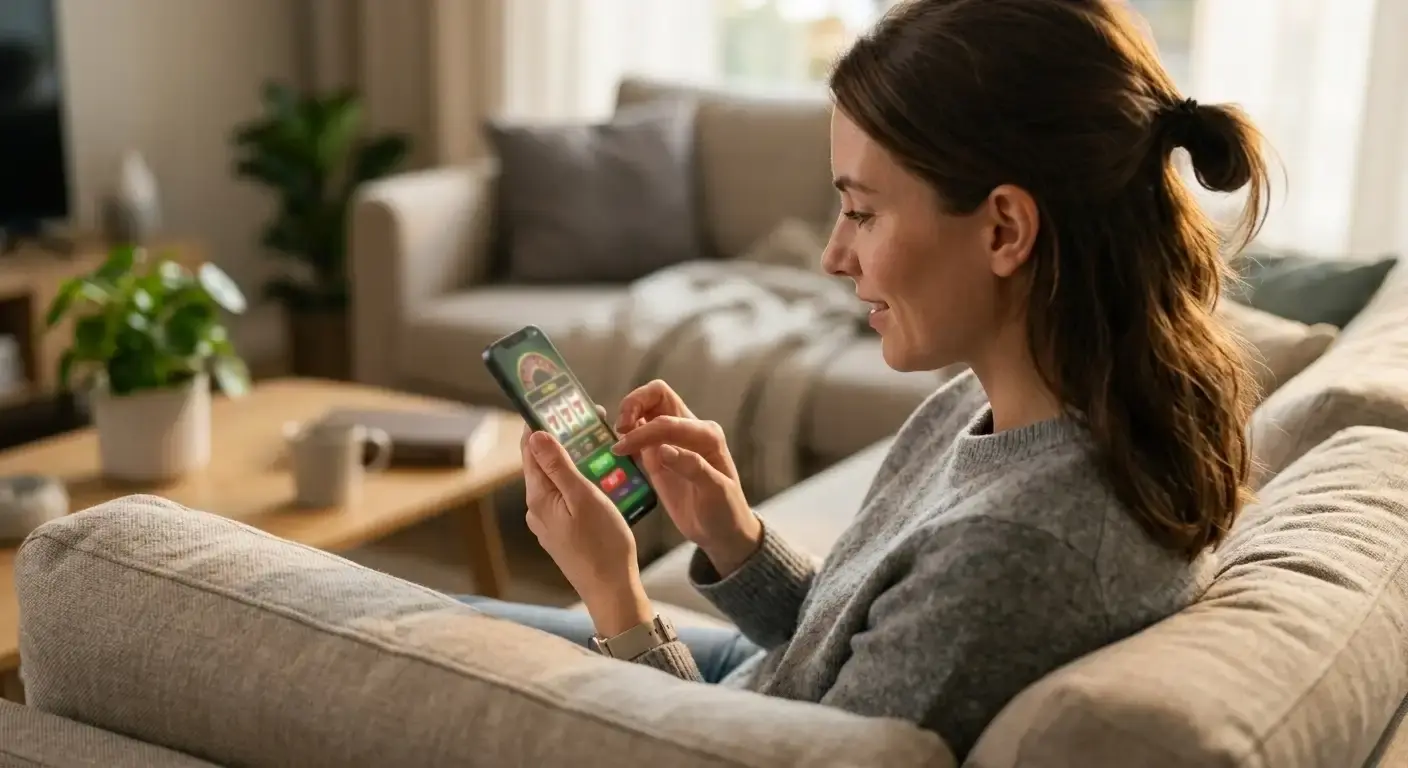 Person using smartphone for mobile casino gaming at home