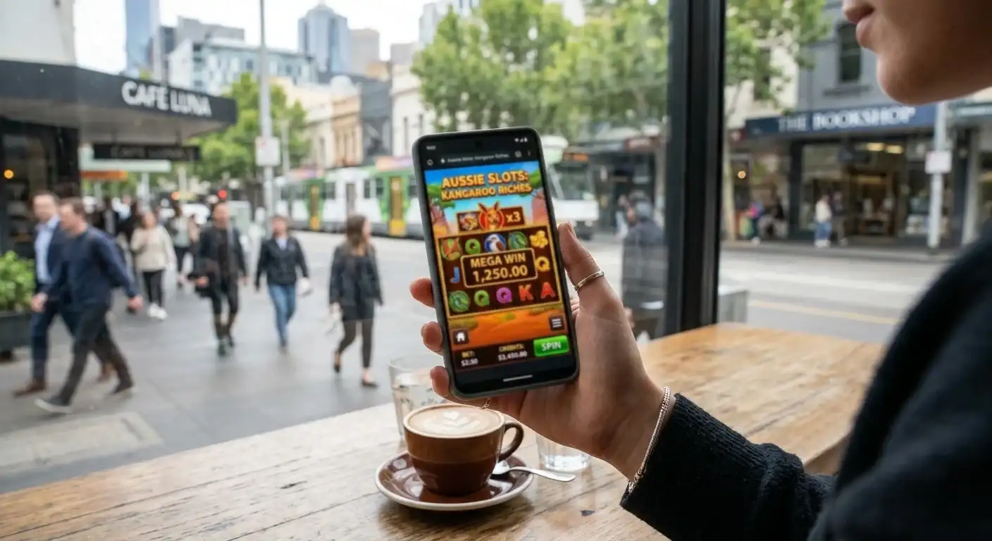 Hand holding smartphone displaying casino slot reels, person at cafe table with Australian cityscape