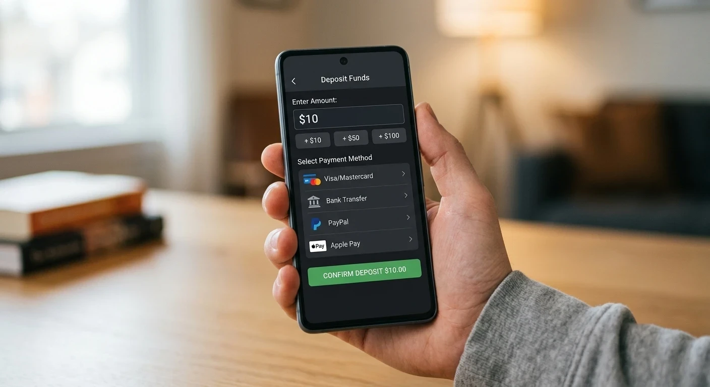 Smartphone displaying a casino deposit interface with $10 amount entered and payment method selection