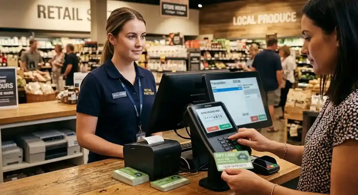 Neosurf voucher code being entered at retail counter with cashier