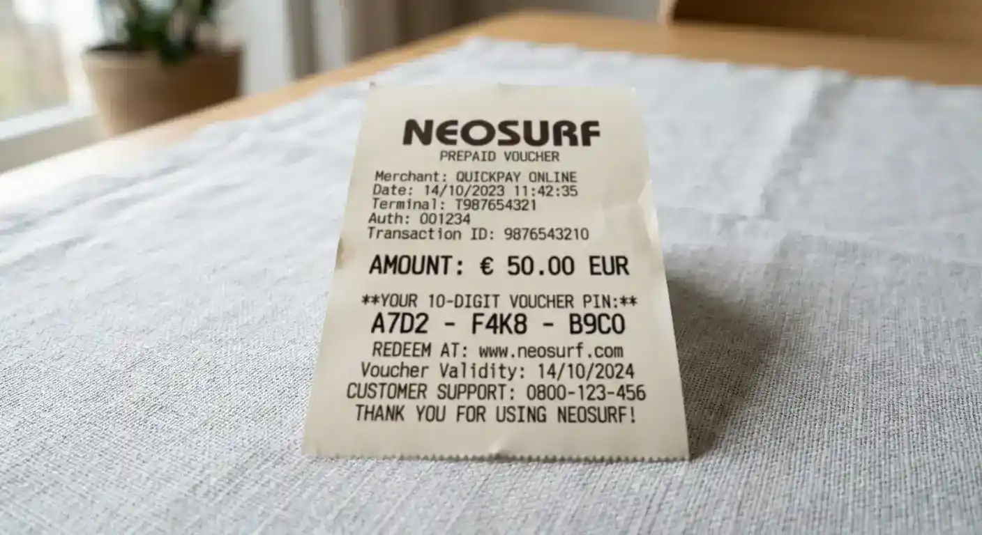 Neosurf prepaid voucher showing 10-digit PIN and purchase receipt