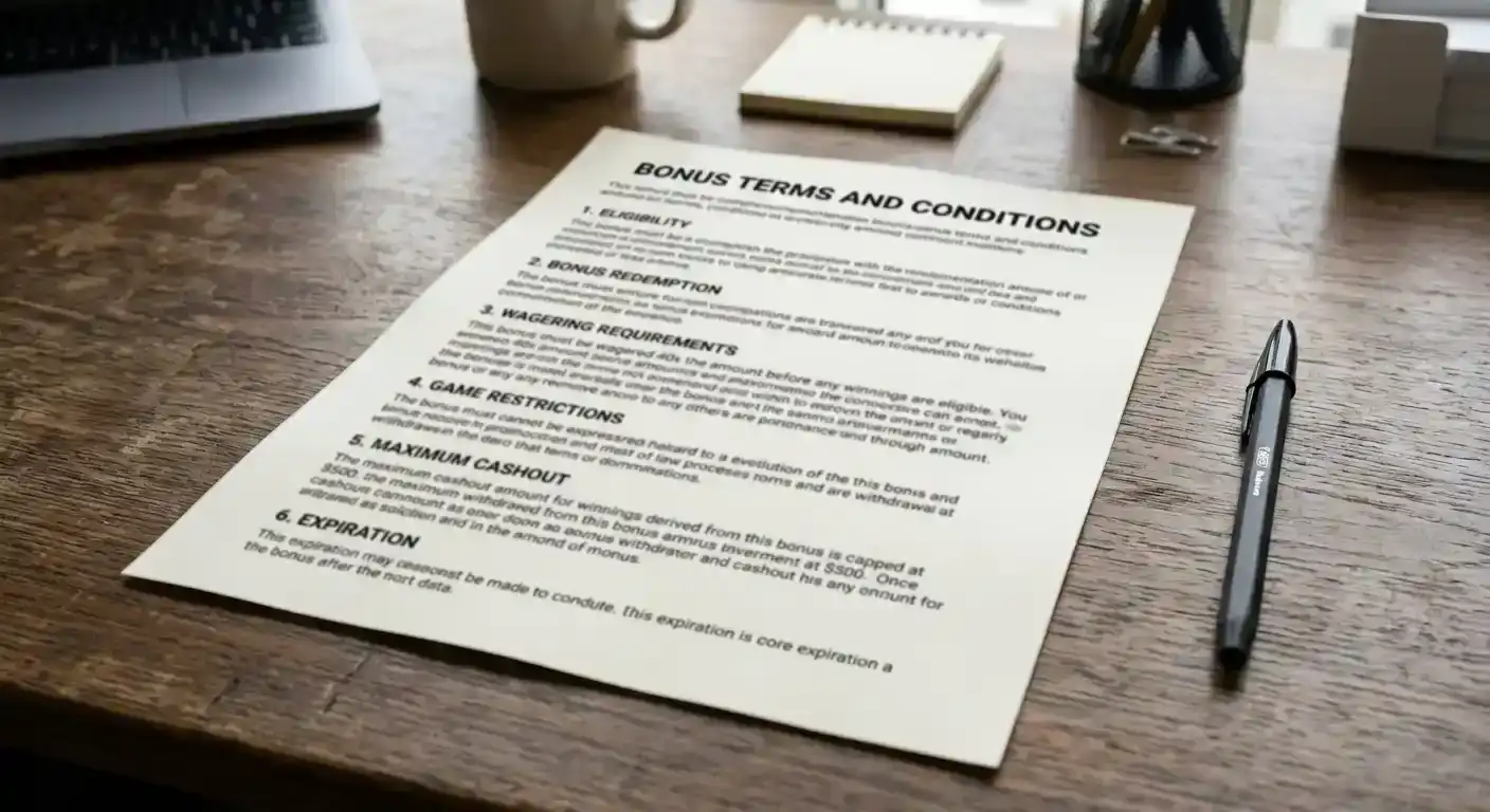 Document showing no-deposit bonus wagering requirements and cashout restrictions