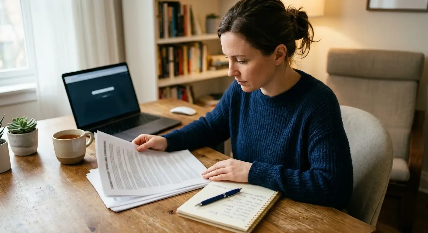 Person at desk reading casino bonus terms document with calculator and notepad visible