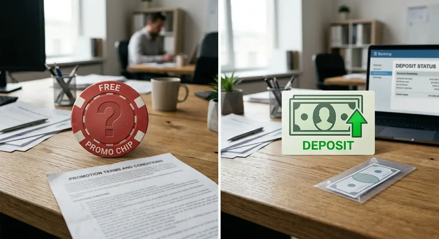 Split visual comparing no deposit bonus promotional terms versus actual minimum deposit requirements