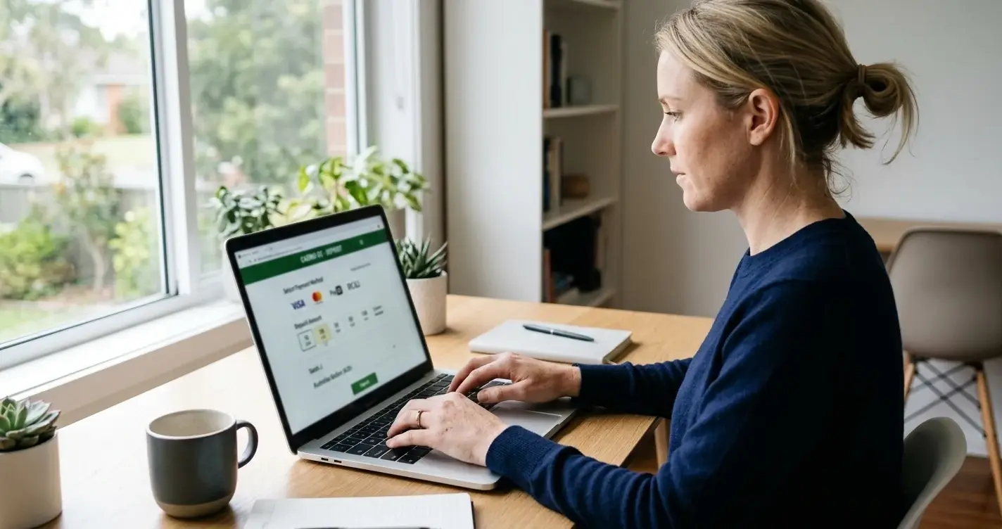 Australian player reviewing ultra-low deposit casino options on laptop with payment methods visible