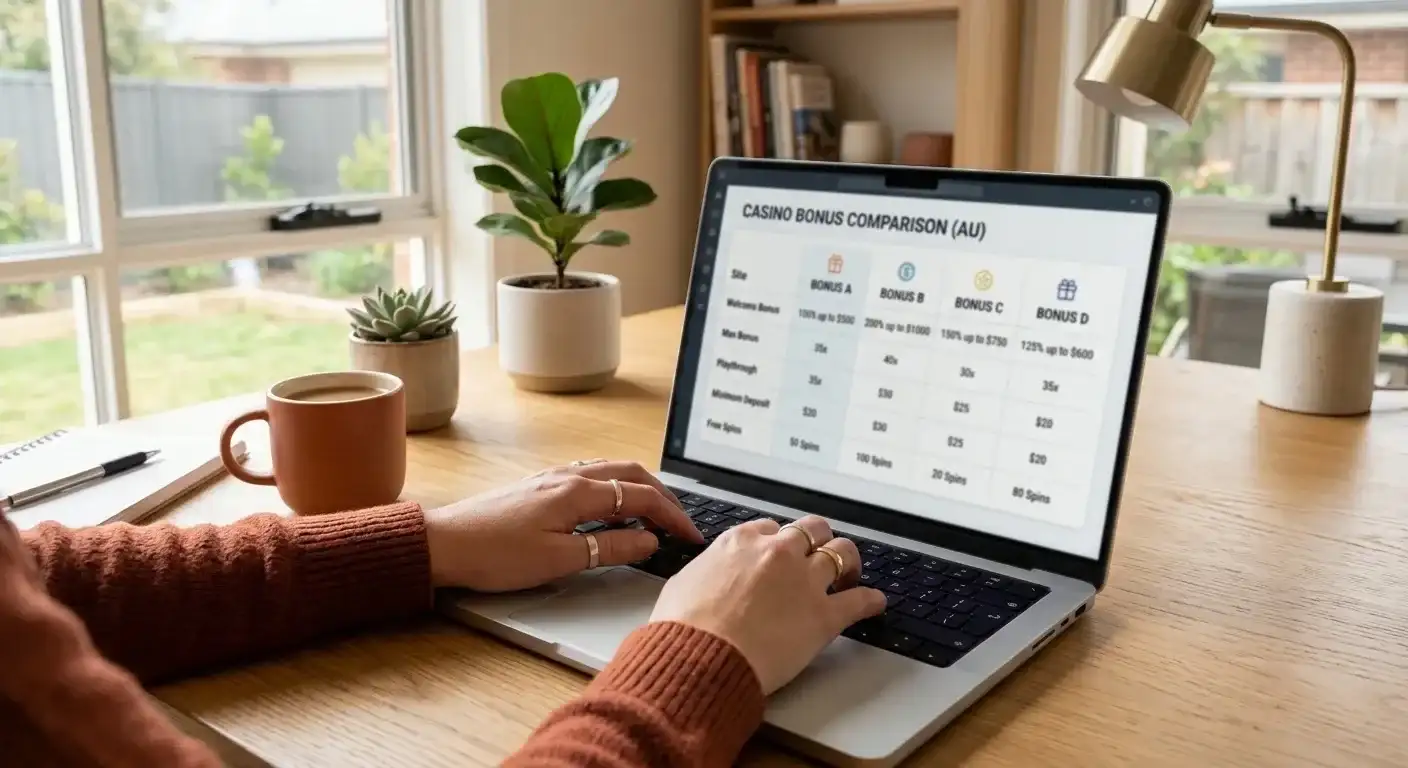 Laptop screen displaying offshore casino bonus comparison spreadsheet