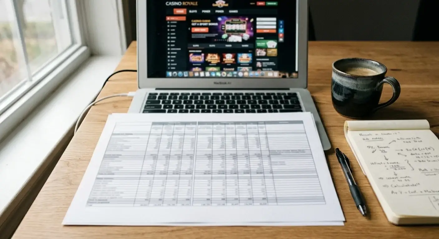 Workspace with casino comparison spreadsheet and laptop