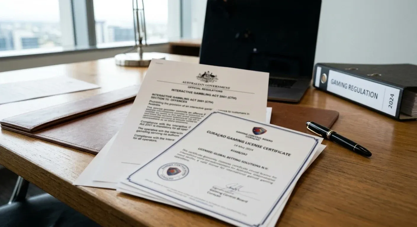 Official document showing Australian Interactive Gambling Act text with Curaçao license certificate