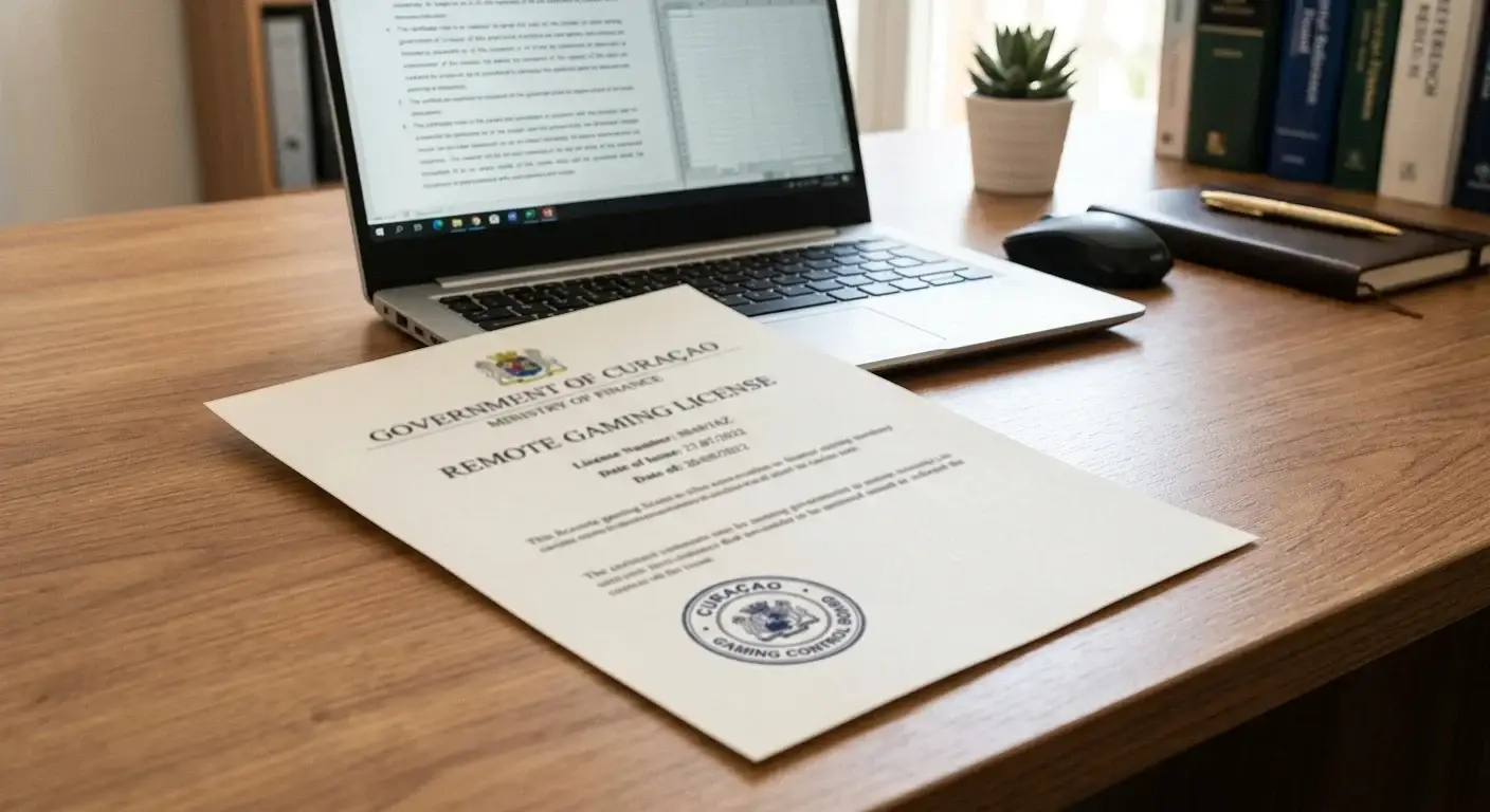 Offshore casino license certificate with Curaçao jurisdiction stamp on desk
