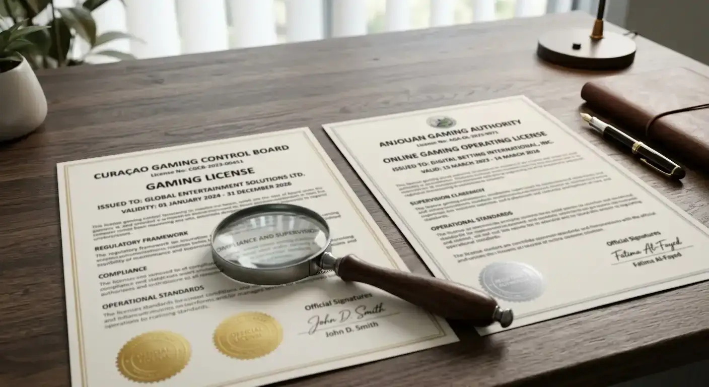 Comparison of offshore casino licenses displayed on documents with Curaçao and Anjouan regulatory stamps