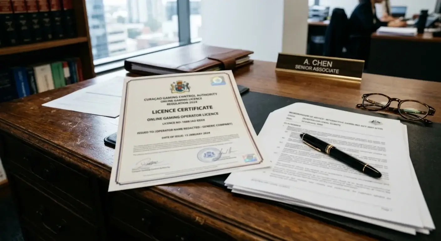 Curaçao GCA license certificate document on desk with Australian legal text visible