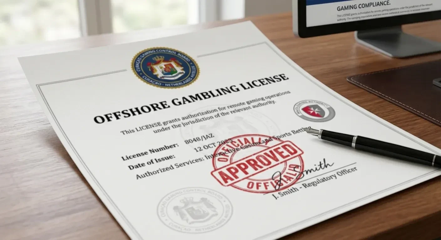 Official gambling regulation document with offshore casino licensing seal