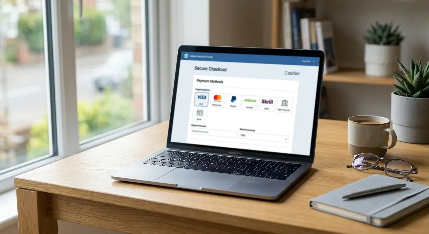 Laptop showing offshore casino cashier with multiple payment methods