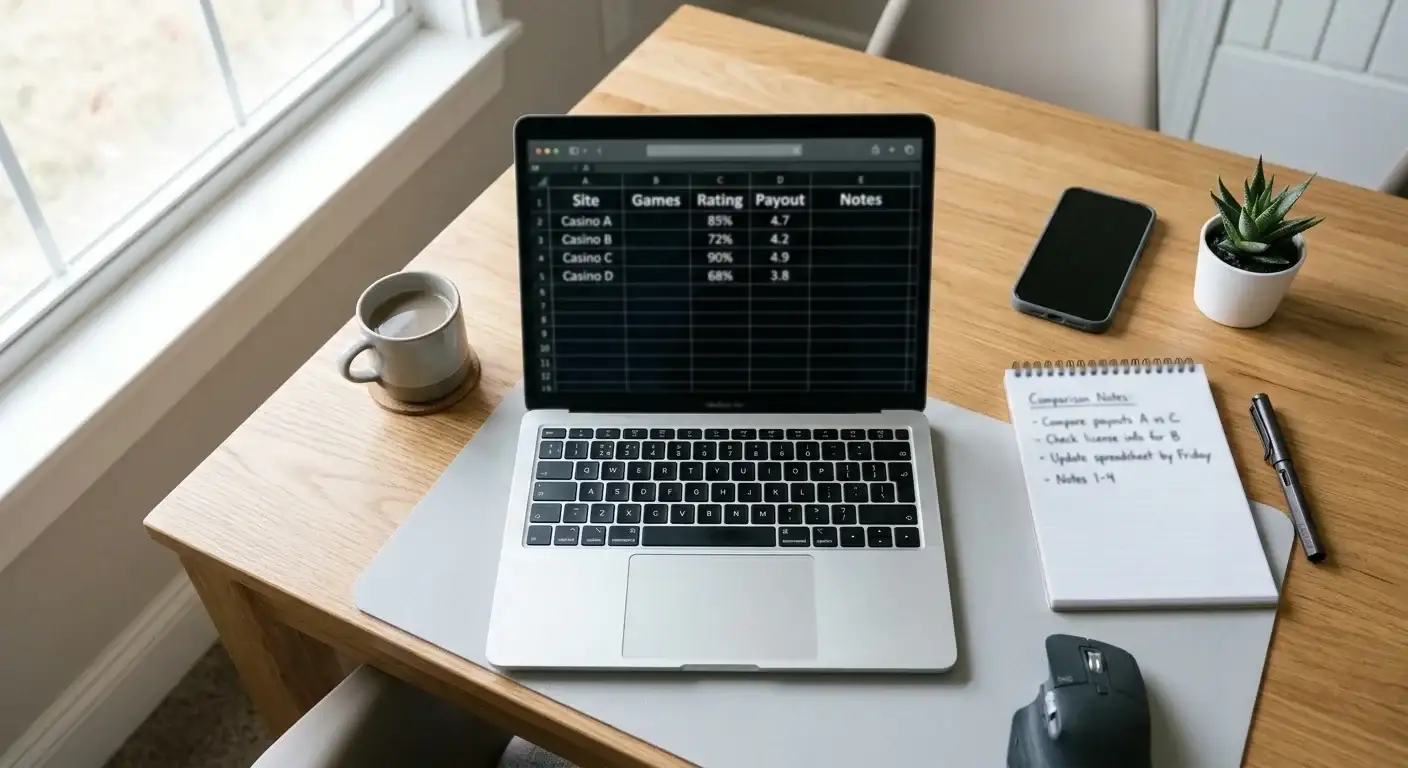 Clean desk with laptop showing offshore casino comparison spreadsheet