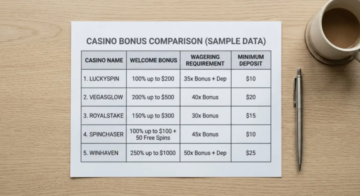 Comparison table layout showing casino names and bonus terms side by side on neutral background