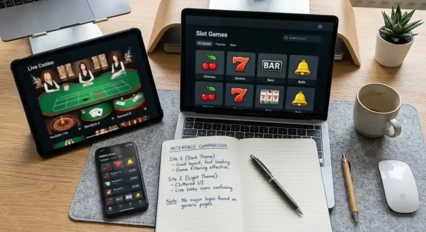 Overhead view of desk with multiple screens comparing offshore casino interfaces and withdrawal speeds