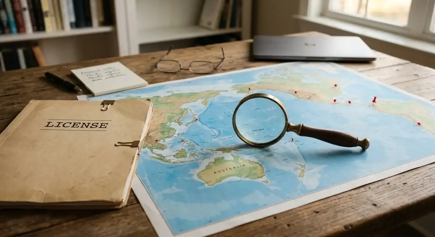 World map on desk with magnifying glass highlighting small islands, License folder nearby
