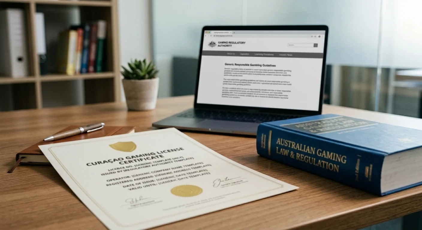Curaçao gaming license certificate and Australian legal reference book on desk with laptop