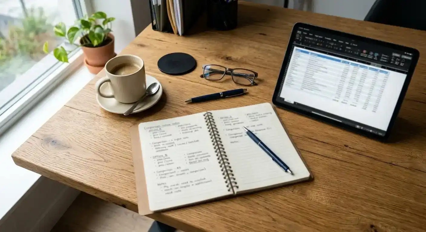 Notebook with handwritten casino comparison notes alongside tablet showing spreadsheet