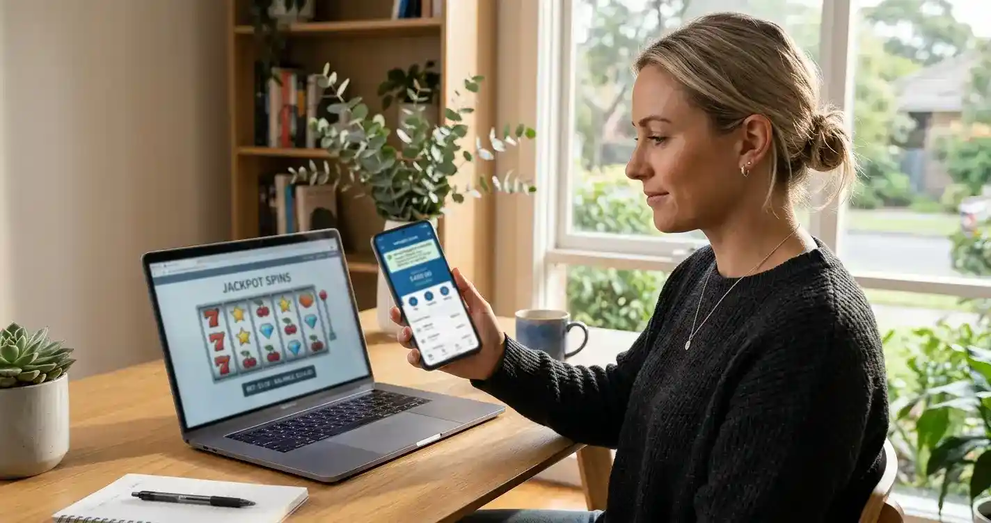Australian player checking instant PayID withdrawal on smartphone with laptop showing online pokies casino
