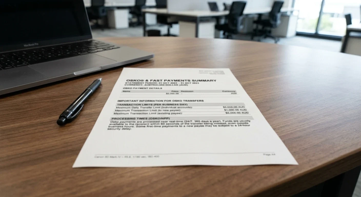 Bank statement showing Osko transaction limits and processing times