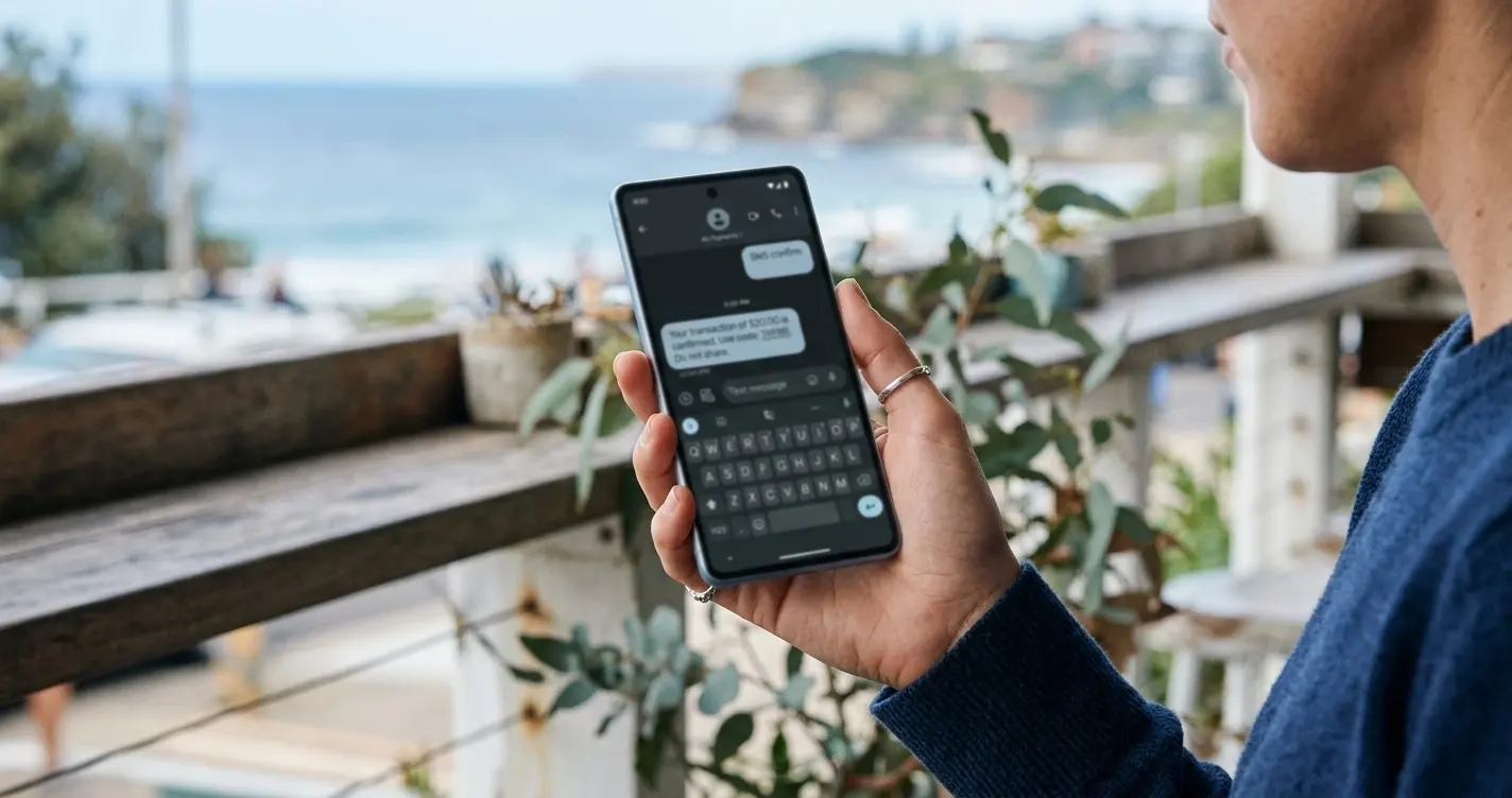Australian mobile phone with casino payment screen showing SMS confirmation