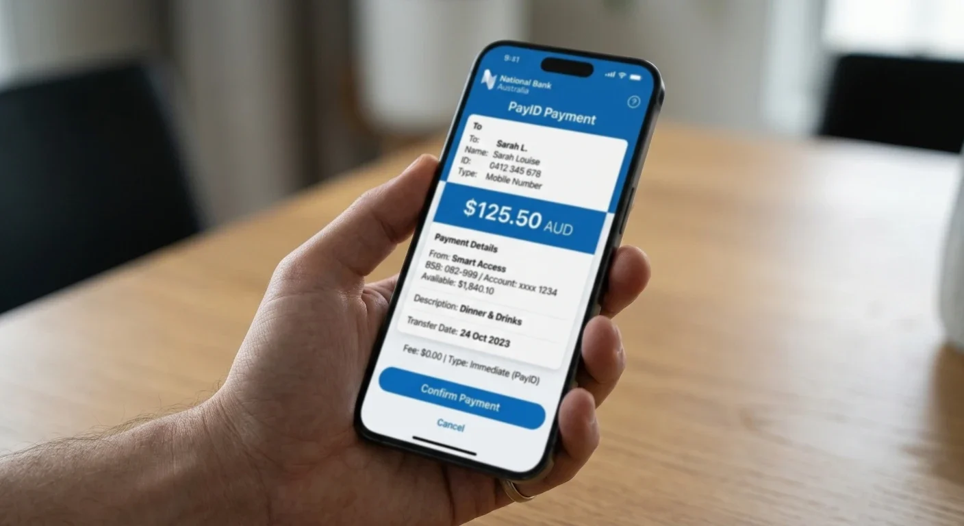 Close-up of smartphone showing PayID payment interface with Australian bank app